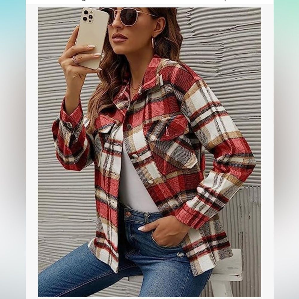S Deer concept Womens Casual Flannel Plaid Shirts Shacket Jacket Small NWT